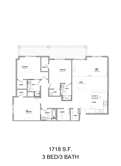 Floor plan for 3 beds, 3 baths, 1718 sqft